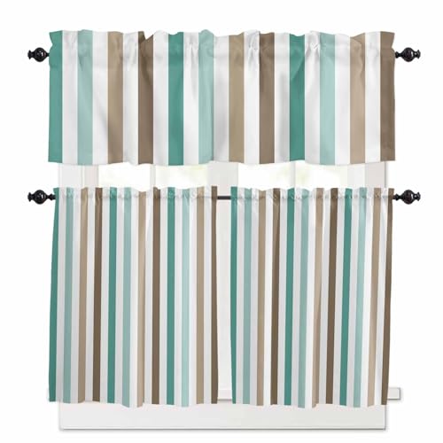 Brown Stripe Kitchen Curtains 36 Inch Length,3 Piece Rod Pocket Small Half Tiers and Valance Set,Ombre Geometric Teal Green Vertical Striped Small Large Window Treatment Decor for Bedroom/Bathroom