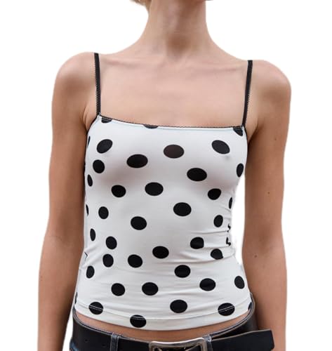Women Polka Dot Y2k Cami Tank Top Lace Trim Spaghetti Strap Going Out Top White S