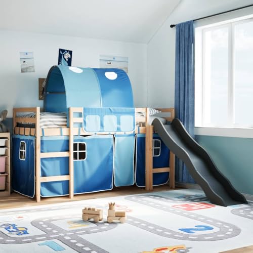 UJCHVHN Item-Cama tipo loft para niños con túnel azul, 90 x 190 cm, madera maciza de pino, camas y accesorios, camas y marcos de cama
