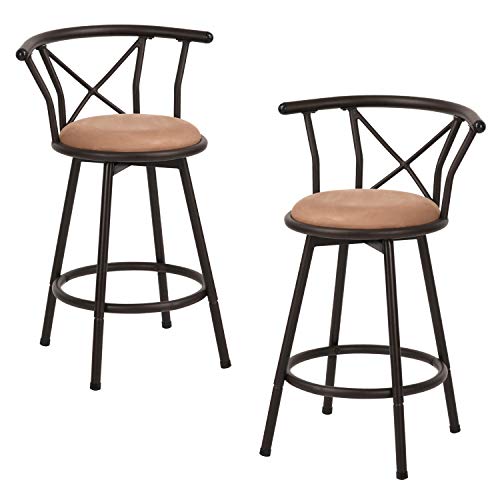 FurnitureR Vintage Industrial Counter Height Bar Stools Set of 2, Swivel Bar Stools with Back for Kitchen Island, Home Bar, 25 Inch Seat Height