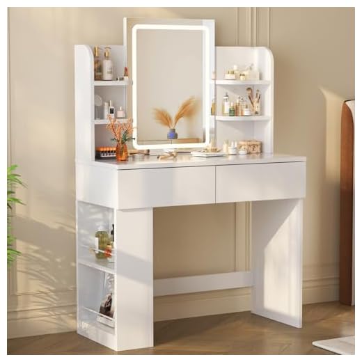 Devoko Dressing Table with LED Lighting Mirror,3 Light Colors,Adjustable Brightness,Vanity Table,Makeup Desk with 2 Drawers and 4 Storage Shelves, 90 x 40 x 135 cm, Modern White