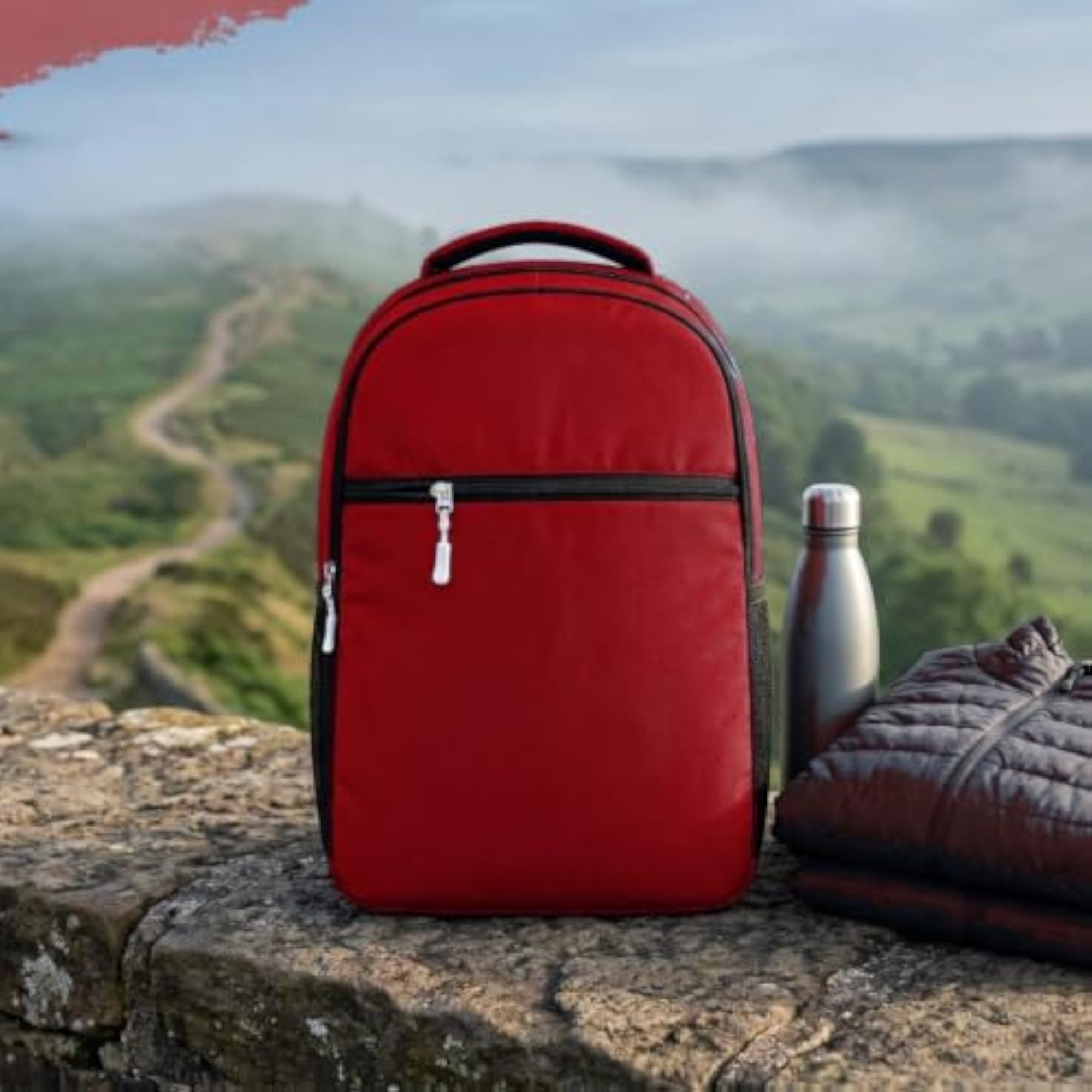 Red Casual Daypack Backpack with Mobile Stand & Keychain