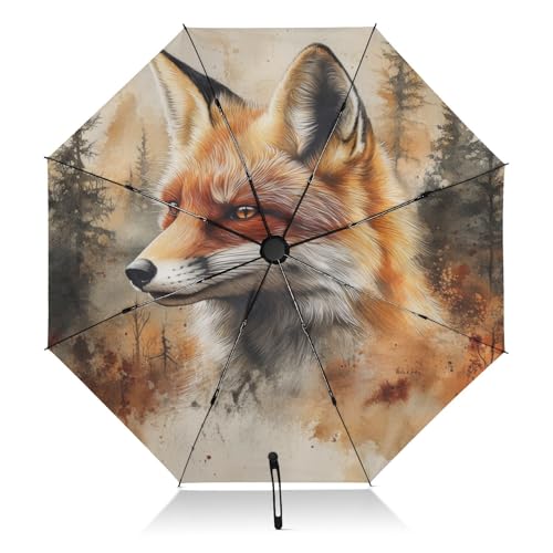 Parapluie compact anti-retournement et UV motif renard aquarelle automatique