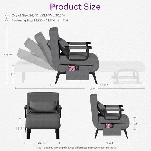 Image of TYBOATLE Sleep Chair Bed, Comfy Convertible Sleeper Chairs for Adults, 5 in 1 Folding Sofa Bed with Adjustable Backrest & Side Pockets & Pillow, Cozy Small Couch for Small Spaces, Office (Dark Grey)
