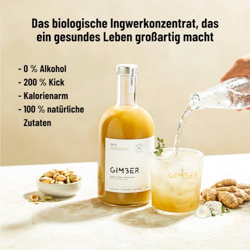 GIMBER Biologisches Ingwerkonzentrat 500 ml | Alkoholfreies Bio-Getränk aus Ingwer, Zitrone und Kräutern | Premium Bio Ingwer Essenz