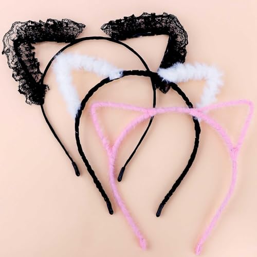 Diadema Orejas de Gato, 3pcs Diadema Orejas Gato Mujer, Diadema de Gato Negro, Diadema Orejas de Gato Niña, Adecuado para Niñas para Fiesta de Cosplay, Carnaval, Halloween(2 Negro + 1 Rosa)
