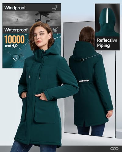 33,000ft Damen Wintermantel Lange Warme Winterjacke Parka Regenjacke Verdickene Funktionsjacke Mit Kapuze Übergangsjacke Outdoorjacke, Petrol XS