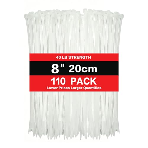 Zip Ties 8 inch (110 Pack) 40lbs Tensile Strength white cable Ties clear wire Ties for indoor and outdoor use
