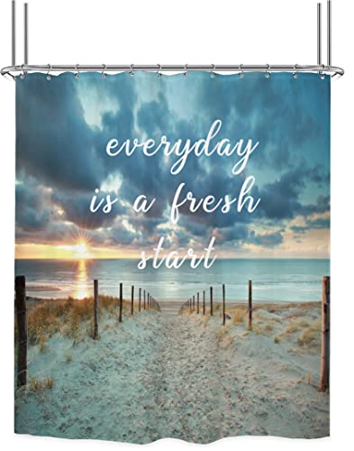 Riyidecor Ocean Beach Quote Shower Curtain 60Wx72H Inch Seaside Sunset Scenic Blue Sky Inspirational Nature Sunlight Landscape Sand Sea Bathroom Decor Polyester Waterproof 12 Pack Hooks - Image 5