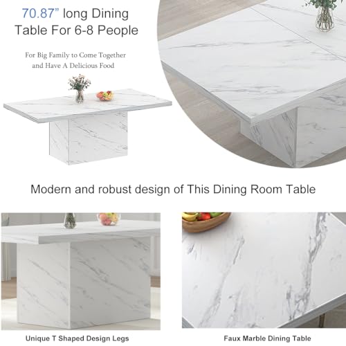 Image of HSH 71 inch White Faux Marble Dining Table for 6-8, Rectangle Dining Room Table