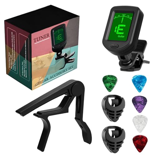 Jinlop Guitar Clip-on Tuner and Capo Set with 5 Picks & 2 Holders