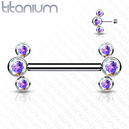 Dynamique Implant Grade Titanium Threadless Push In Nipple Barbell With 3 Cz Bezel Set Ends (Sold Per Pair Or Per Piece) #TOP1
