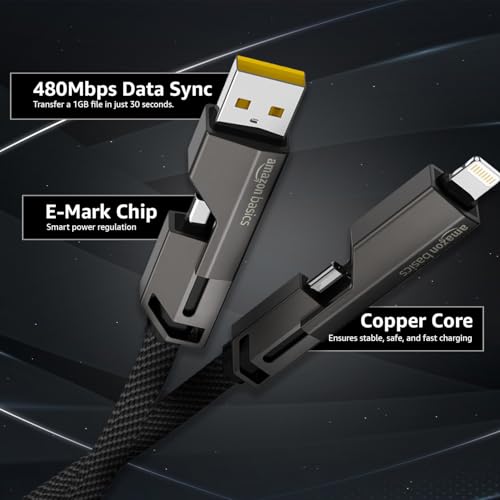 Image of amazon basics 4 in 1 Metal Flat Braided Indestructible Cable 110cm 60W with lightning to type C, type C to C, Lighting to type A compatible for iPhones, iPads, Macbooks, Type C Laptops (Grey)