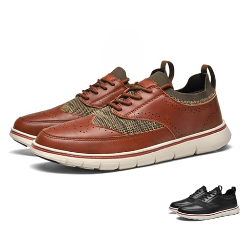 Men's Genuine Leather Knit Oxfords Sneakers Fashion Carving Round-Toe Lace Up Low Top Brogue Dress Shoes Lightweight Comfortable Casual Business Formal Shoes