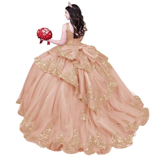 Gold Lace Appliques Quinceanera Dresses Layered Tulle Sweet 16 Dresses Off Shoulder Vestidos De 15 Años with Bow