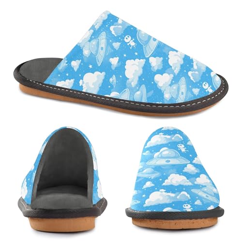 visesunny Women Men's Fuzzy Slippers Plush Warm Winter Blue Ufo Alien Cloud Cozy House Slippers Comfy Indoor Shoes2