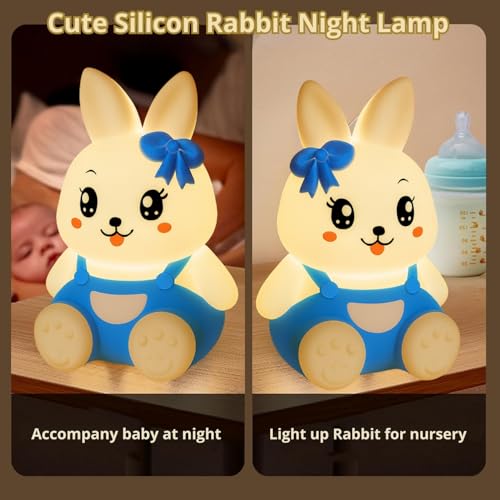 Image of One94Store Blue 7-Color Silicone Rabbit Night Lamp | Soft Squishy Cute Rabbit LED Bedside Light with Tap Control, Nursery Sleep Light, Rechargeable Baby Night Lamp for Bedroom & Home Decor