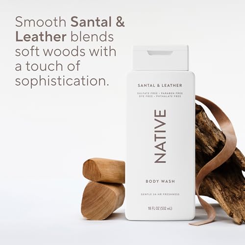 Image of Native Body Wash Contains Naturally Derived Ingredients | For Women & Men, Sulfate, Paraben, & Dye Free Leaving Skin Soft and Hydrated | Santal & Leather 18 oz