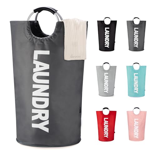Image of Caroeas 90L Collapsible Laundry Basket, Waterproof Laundry Bag (8 Colors) for Baby, Large Washing Basket with Padded Handles Stands Up Well for Easy Storage, Dark grey