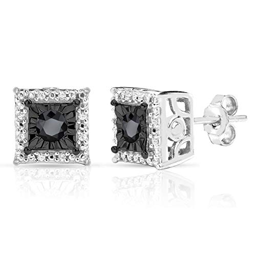 Best Selling Sterling Silver White and Black Diamond Halo Square Princess Stud Earring (I-J Color, I2-I3 Clarity) (0.25)