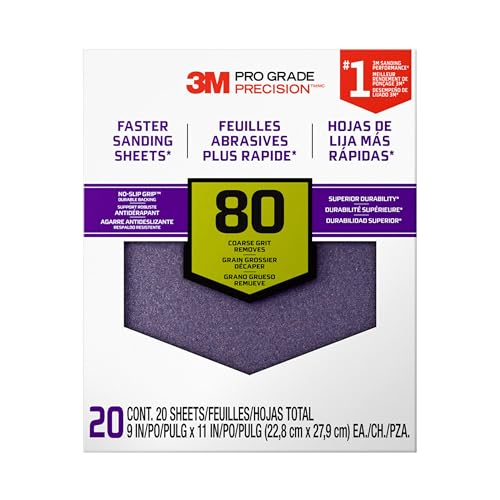 3M Advanced Sandpaper, 20 Sheets, 80 Grit, 3M Pro Grade Precision, Features No-Slip Grip Backing, 9-in x 11-in, For Sanding Wood, Drywall, or Metal, Can be Used on Wet or Dry Surfaces (26080CP-P-G)
