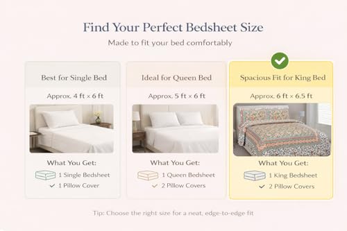 Image of ElanorHomes Cotton Double King Size Bedsheet | Hand Printed | Ultra-Soft & Skin-Safe | Breathable Summer Comfort | 90x108 inches with 2 Pillow Covers (Garden)