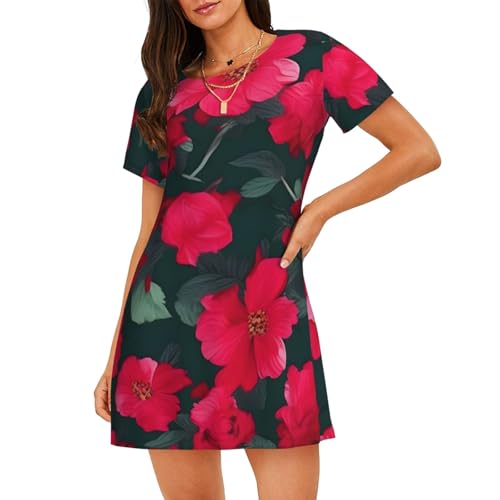 Chemise de nuit manches courtes imprimé floral rouge rose
