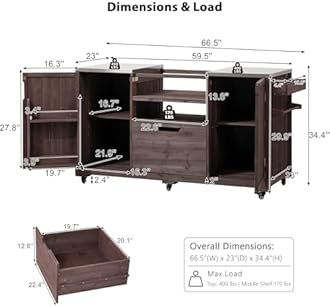 66.5" Outdoor Grill Cart with Storage, Movable Outdoor Kitchen Island with Stainless Steel Top & Wheels, Solid Wood BBQ Tables with Drawer/S-Hook/Bottle Opener for Outside Patio (Dark Brown)