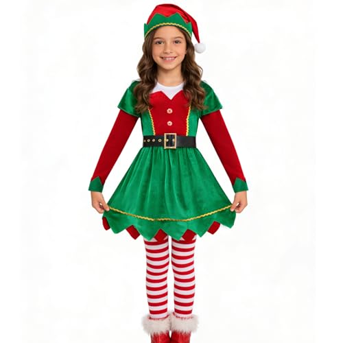 Okbebe Girls Elf Dress Up Kids Christmas Dress Xmas Party Outfit with Hat Socks (Green 10-12Y)