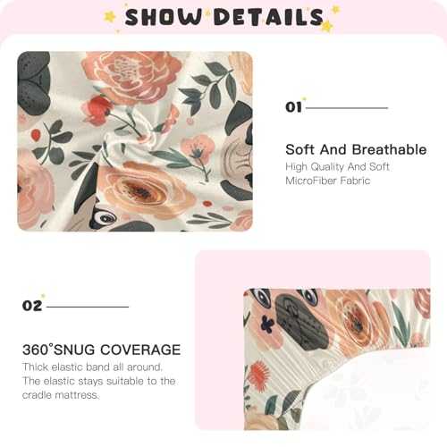 Image of Crib Sheets Pug Dog Flowers Stretchy Portable Sheets for Baby Toddler Breathable Soft Crib Mattress Sheet for Girls Boys