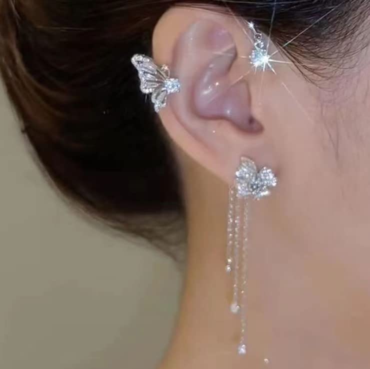 2Pcs Zircon Butterfly Ear Cuff Earrings for Women No Piercing Ear Clip Wrap Around Fake Earrings Crawler Rhinestone Wrap Earrings3
