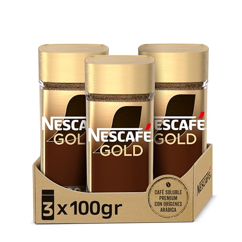 NESCAFÉ GOLD NATURAL aroma y sabor, soluble con café molido de tueste natural 100 % arábica, frasco de vidrio, Pack de 3 x 100 g, 300 gramo, 3