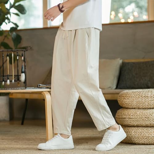 Men's Trousers Linen Fashion Casual Pants Solid Color Breathable Loose Straight Drawstring Pants Harem Pants3