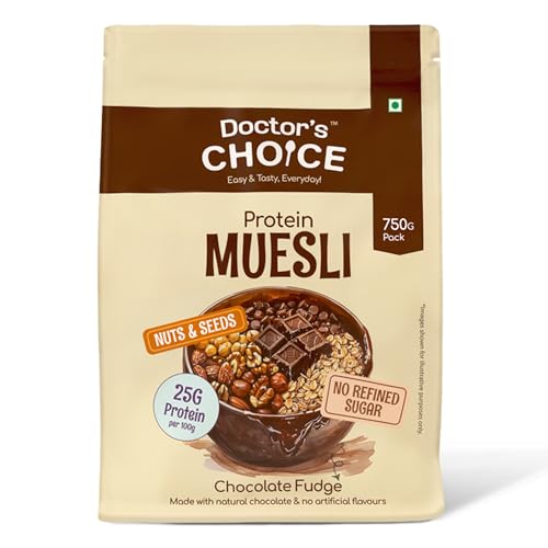 Image of DC DOCTORS CHOICE High Protein Multigrain Muesli|25 Gm Protein|No Maida|No Palm Oil|Jaggery Sweetened Fiber-Rich|Preservative-Free|Healthy Crunchy Treat|750 Gram|Chocolate|1 Count