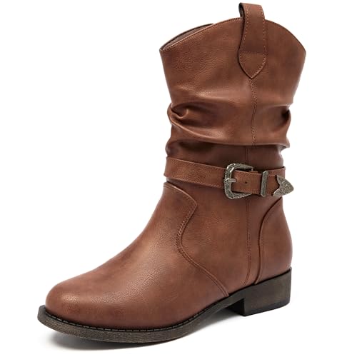 Image of Veittes Women's Low Heel Mid-Calf Boots,Cowboy Zip Booties,Brown 8.5