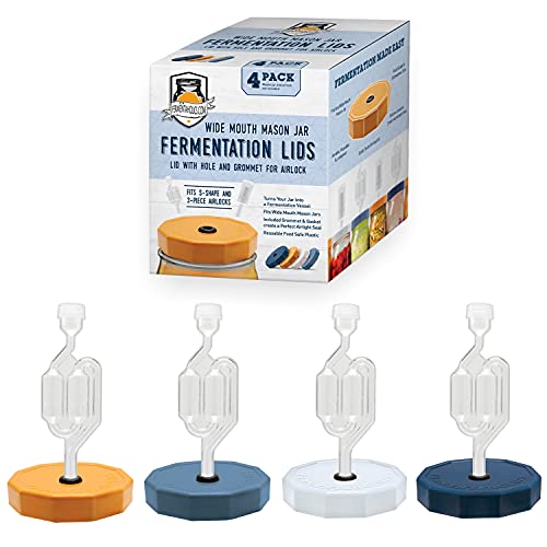 Wide Mouth Mason Jar Grommeted Fermenting Lids - 4pk - for Fermenting and Brewing | Fermentaholics Wide Mouth Grommeted Lids With Airlocks