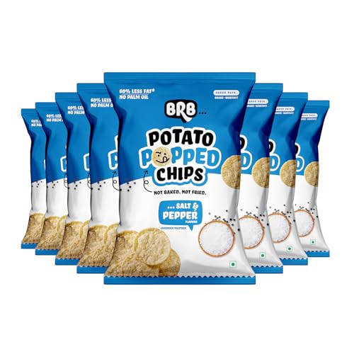 Image of BRB Potato Popped Chips | Salt & Pepper Flavour | Not Fried. Not Baked | 60% Less Oil, Lower Calorie, No Palm Oil, Healthy Snack | 8 x (48g /51g) Combo Pack (weight may vary)