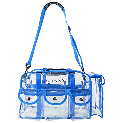 Shany Clear Pvc Makeup Bag - Large Professional Makeup Artist Rectangular Tote With Shoulder Strap And 5 External Pockets - Blue #TOP2