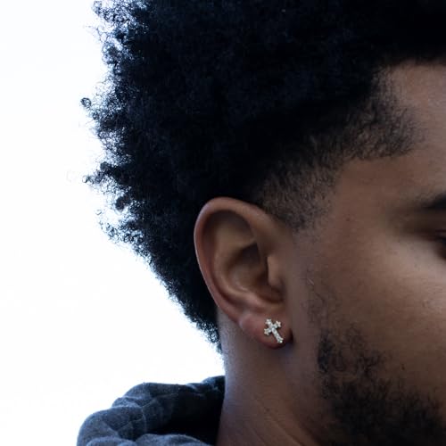 Small Mens Women's Prong Set Iced 5A Cz Hip Hop Yellow Gold 925 Sterling Silver Hypoallergenic Crucifix Ice Out Cubic Zirconia Gothic Cross Screw Back Stud Earrings4