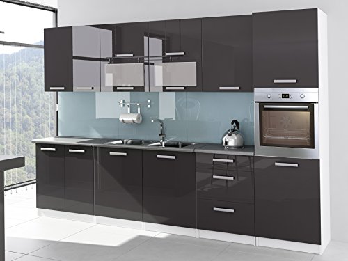 Tendencio Cuisine complète laquée Brillant 3m20 Tara Gris avec Colonne Four et Plan de Travail