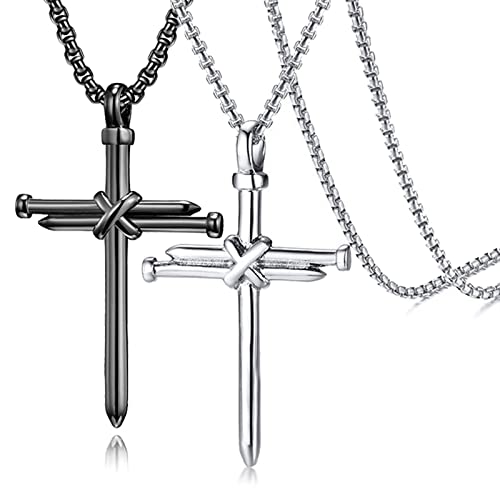 SuoFrun 2Pcs Stainless Steel Cross Nail Necklace Vintage Punk Men Women Jesus Christ Couple Friendship Pendant Necklace Christian Jewelry