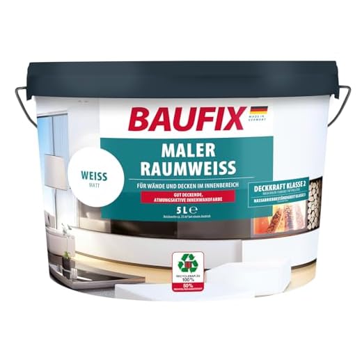 BAUFIX Maler-Raumweiß, Dispersionsfarbe weiß für Innen, 5 Liter, Hohe Deckkraft, Innenfarbe mit Deckfähigkeit Klasse 2, Für Wände und Decken