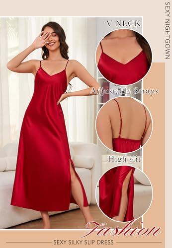 Image of ALCEA ROSEA Women's Long Satin Slip Dress Nightgowns Sexy Lingerie Adjustable Strap Midi Dress Silky Gown V Neck Under Dress