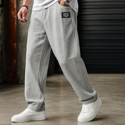 Mokaloha Mens Pants, Cocoparo Men's Casual Hemp Fabric Embroidered Logo Drawstring Loose Elastic Waist Pocket Trousers3