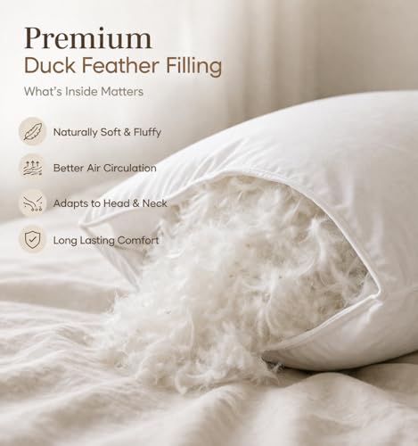 Image of Goose Feather Pillow Pack of 2 (20x36 in, King) | Premium Goose Feather Filling | Soft, Fluffy Hotel Quality | Breathable Cotton Cover | Medium Firm Support | White