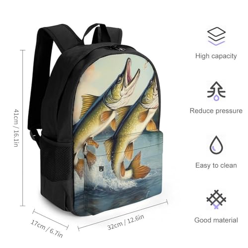 Supdreamc Men Women Polyester Two Bass Fish Jumping Out Of Water Painting Casual Daypack Large Capacity Carry On Bag With Adjustable Shoulder Straps for Camping Work Running2