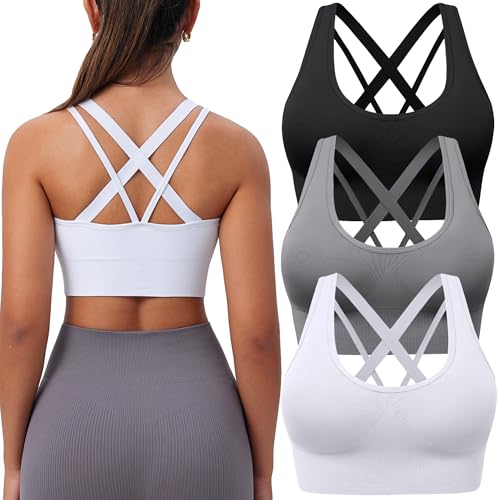 BLUELILY Sports Bra for Women Medium Support Criss Cross Strappy Bras Seamless Padded High Impact Yoga Athletic Exercise Bras
