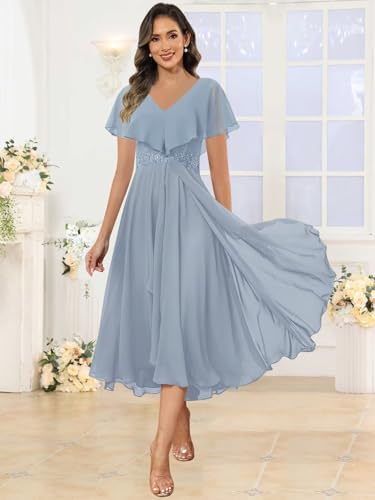 Tea Length Mother of The Bride Dresses for Wedding Cape Sleeves Applique V-Neck Chiffon Formal Dress4