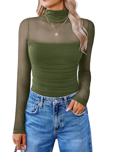 Image of Avidlove Women Long Sleeve Bodysuit Turtle Neck Shapewear Body Suits Mesh One Piece Leotard Shirt Going Out Tops Fall Outfits