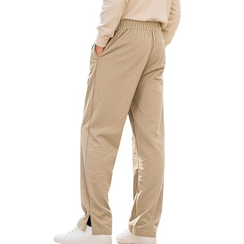 Knitted Textured Pants for Men Straight Leg Drawstring Split Hem Pant Casual Solid Color Comfy Trousers with Pockets3